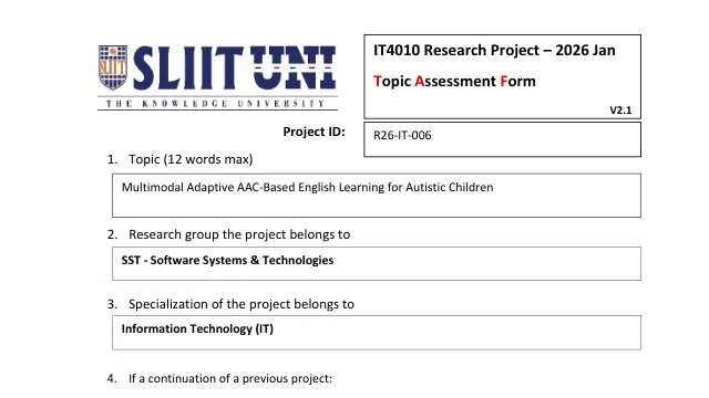 First page of the approved Topic Assessment Form for project R26-IT-006